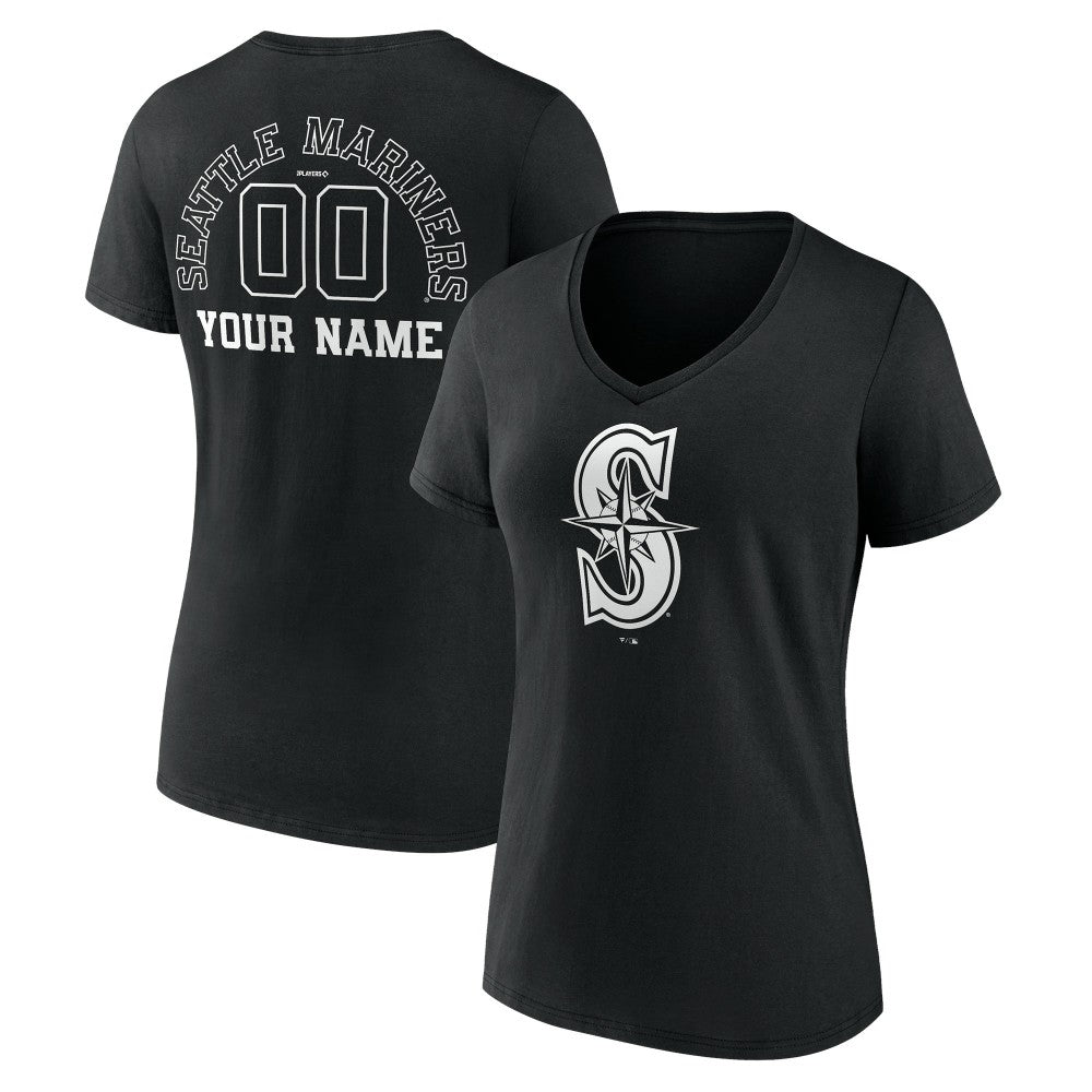 Seattle Mariners Women's Monochrome Personalized Name & Number V-Neck T-Shirt - Black T-shirts