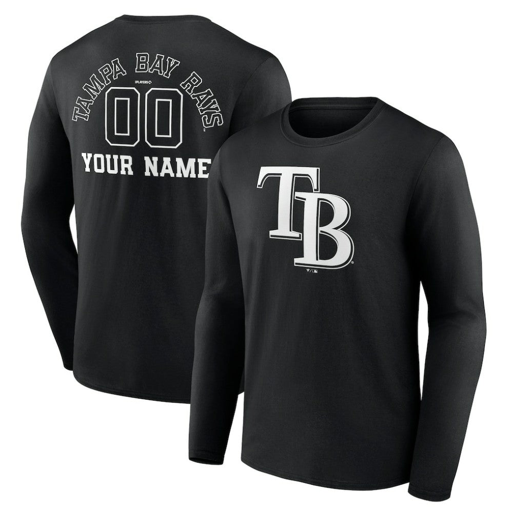 Tampa Bay Rays Monochrome Personalized Name & Number Long Sleeve T-Shirt - Black T-shirts