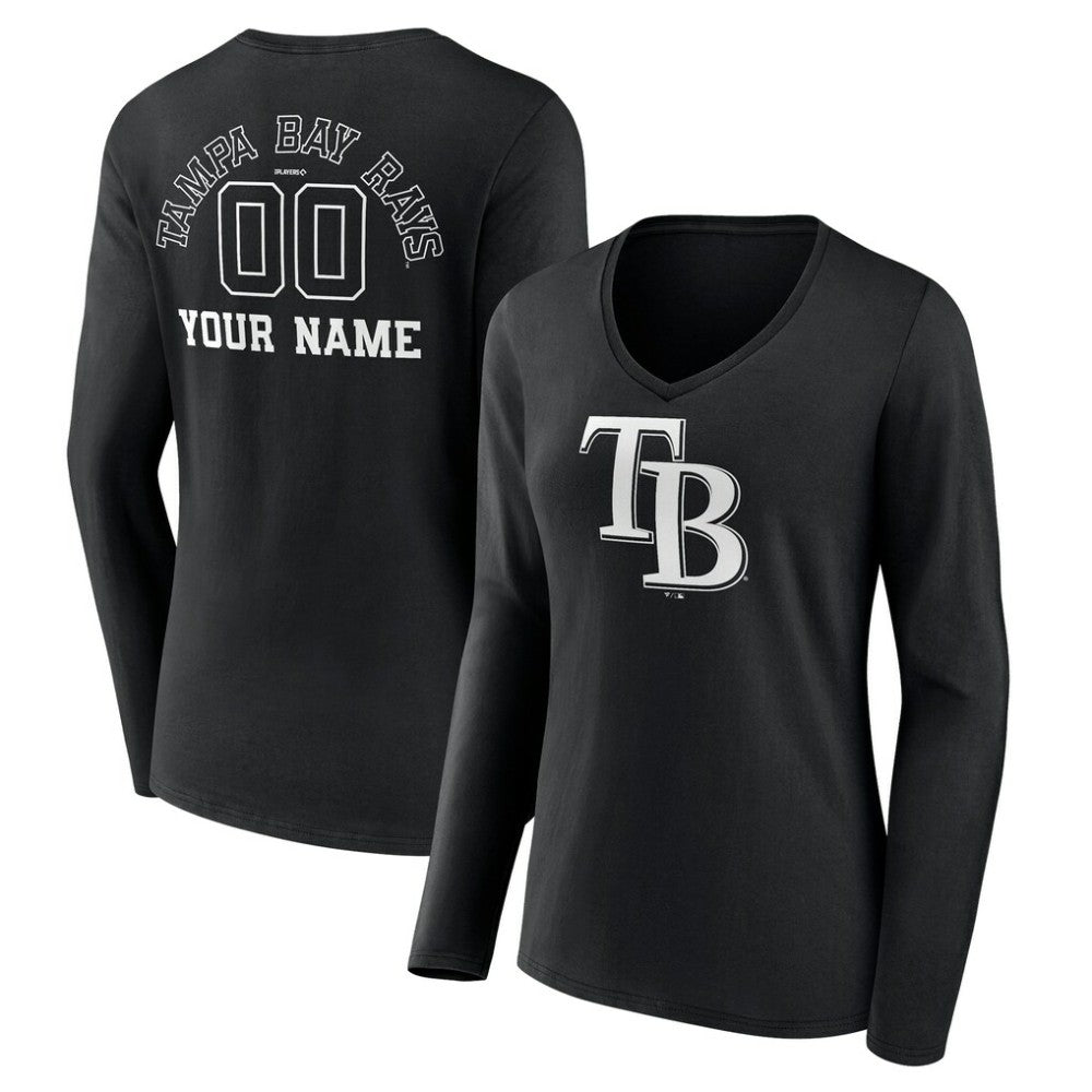 Tampa Bay Rays Women's Monochrome Personalized Name & Number Long Sleeve V-Neck T-Shirt - Black T-shirts