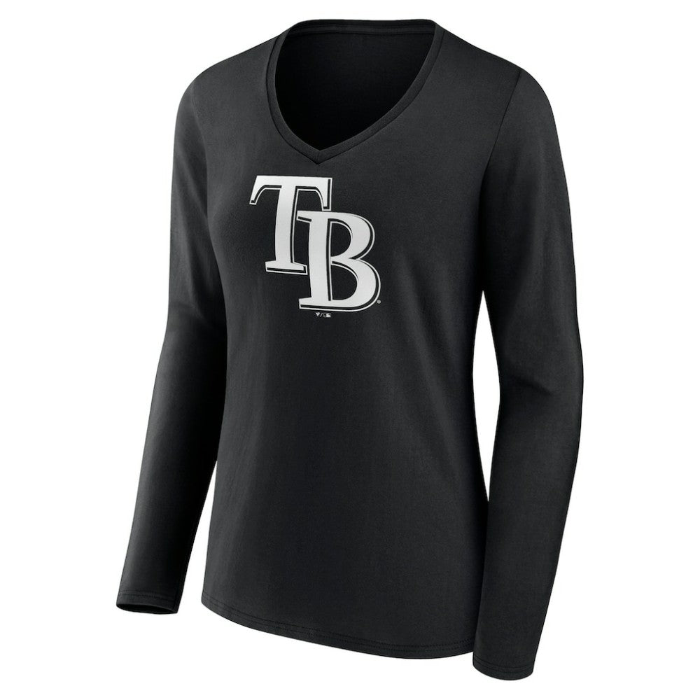 Tampa Bay Rays Women's Monochrome Personalized Name & Number Long Sleeve V-Neck T-Shirt - Black T-shirts