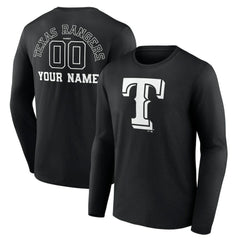 Texas Rangers Monochrome Personalized Name & Number Long Sleeve T-Shirt - Black T-shirts