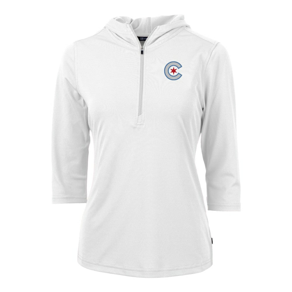 Chicago Cubs Cutter & Buck Women's City Connect Virtue Eco Pique Recycled Half-Zip Pullover Hoodie - White Hoodies