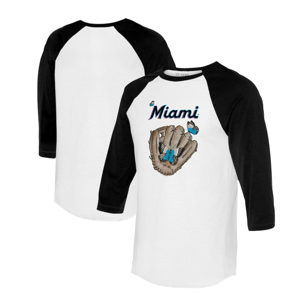 Miami Marlins Tiny Turnip Unisex Butterfly Glove 3/4-Sleeve Raglan T-Shirt - White/Black T-shirts