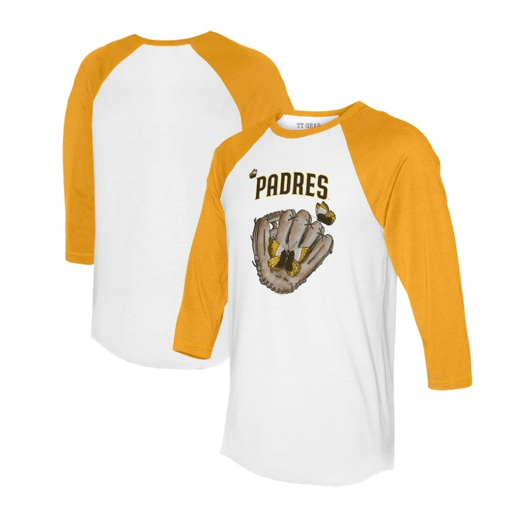 San Diego Padres Tiny Turnip Unisex Butterfly Glove 3/4-Sleeve Raglan T-Shirt - White/Gold T-shirts