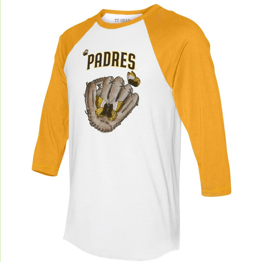 San Diego Padres Tiny Turnip Unisex Butterfly Glove 3/4-Sleeve Raglan T-Shirt - White/Gold T-shirts