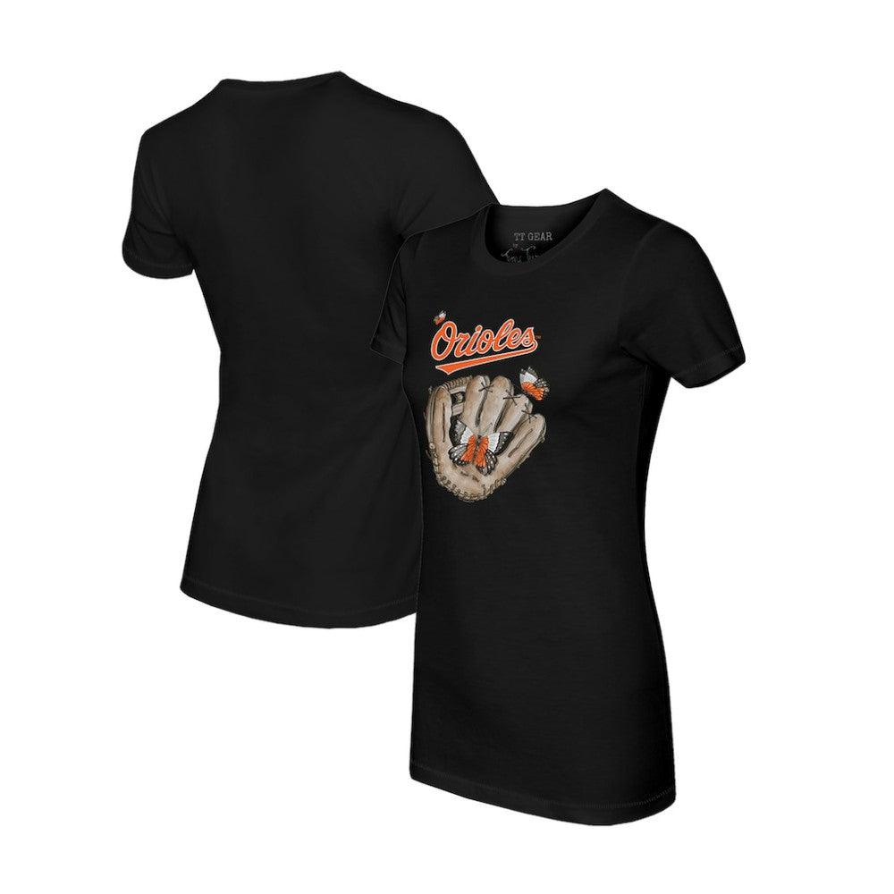 Baltimore Orioles Tiny Turnip Women's Butterfly Glove T-Shirt - Black T-shirts