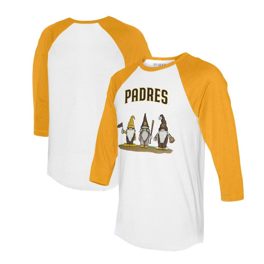 San Diego Padres Tiny Turnip Unisex Gnomes 3/4-Sleeve Raglan T-Shirt - White/Gold T-shirts