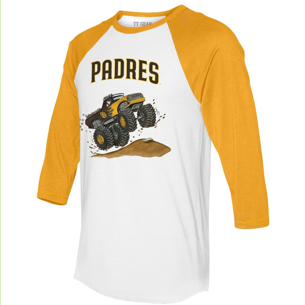 San Diego Padres Tiny Turnip Unisex Monster Truck 3/4-Sleeve Raglan T-Shirt - White/Gold T-shirts
