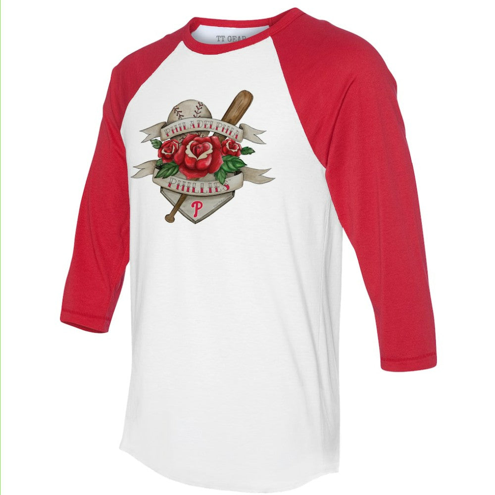 Philadelphia Phillies Tiny Turnip Unisex Tattoo Rose 3/4-Sleeve Raglan T-Shirt - White/Red T-shirts