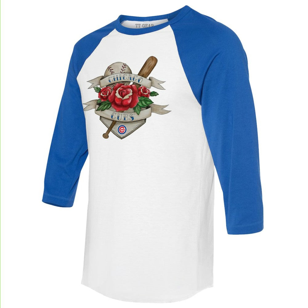 Chicago Cubs Tiny Turnip Unisex Tattoo Rose 3/4-Sleeve Raglan T-Shirt - White/Royal T-shirts