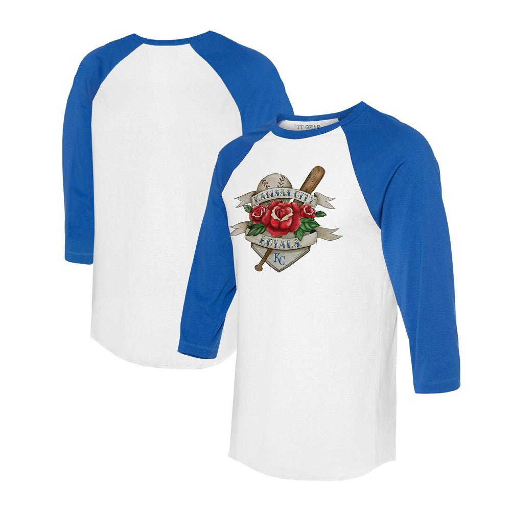 Kansas City Royals Tiny Turnip Unisex Tattoo Rose 3/4-Sleeve Raglan T-Shirt - White/Royal T-shirts