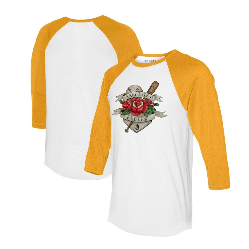 San Diego Padres Tiny Turnip Unisex Tattoo Rose 3/4-Sleeve Raglan T-Shirt - White/Gold T-shirts