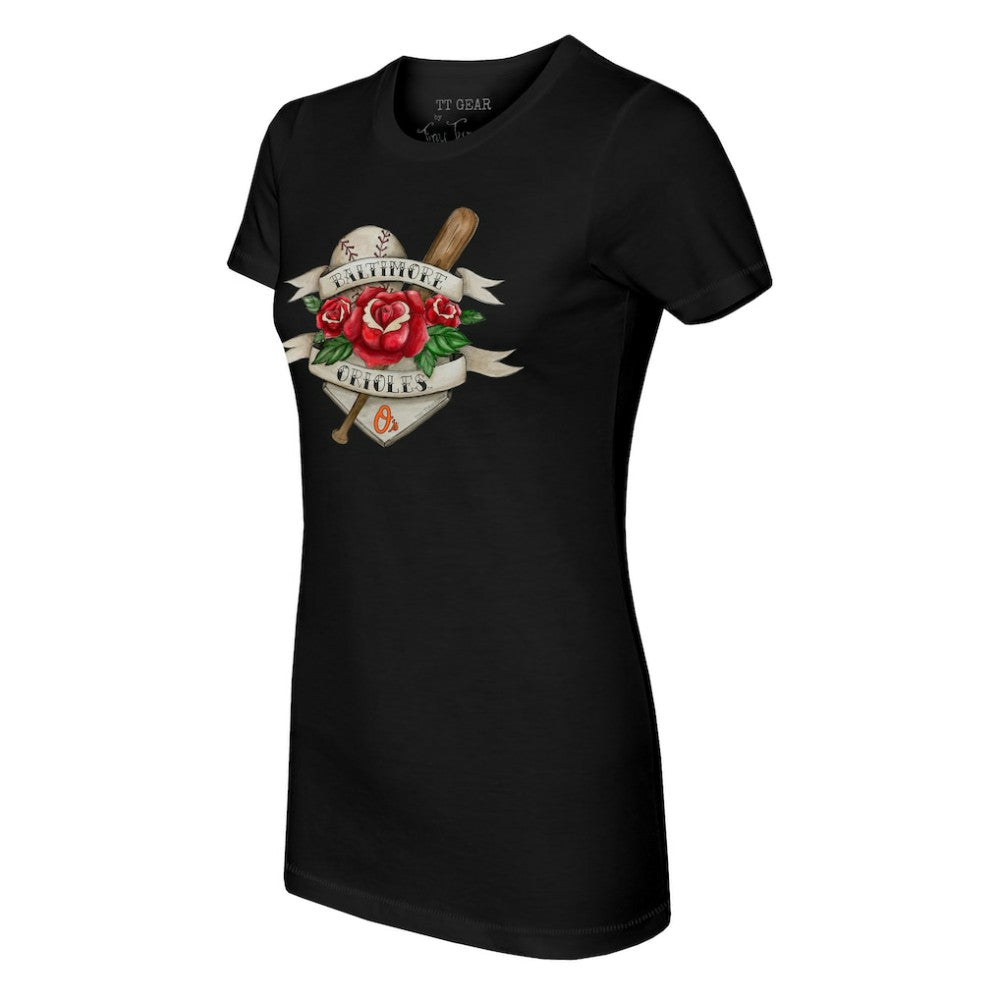 Baltimore Orioles Tiny Turnip Women's Tattoo Rose T-Shirt - Black T-shirts