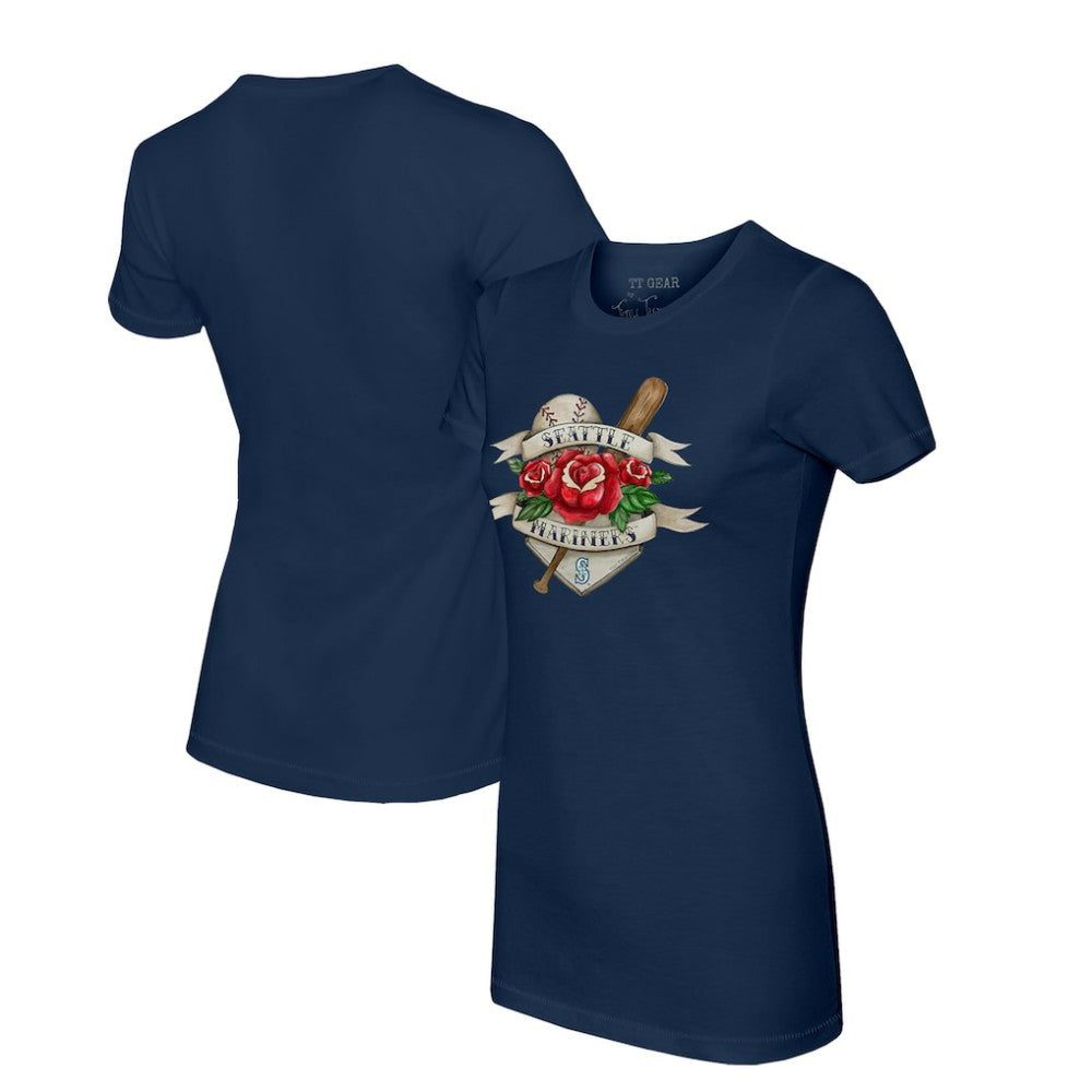 Seattle Mariners Tiny Turnip Women's Tattoo Rose T-Shirt - Navy T-shirts