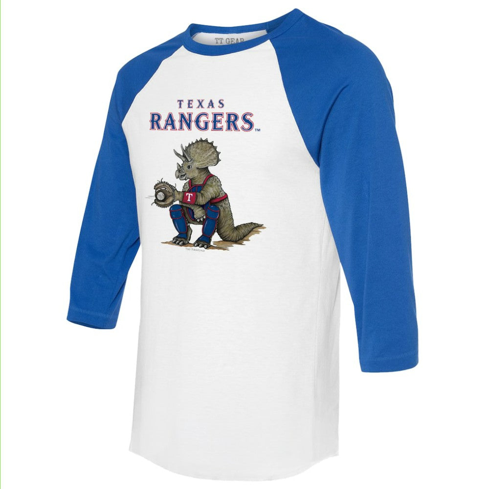 Texas Rangers Tiny Turnip Unisex Triceratops 3/4-Sleeve Raglan T-Shirt - White/Royal T-shirts