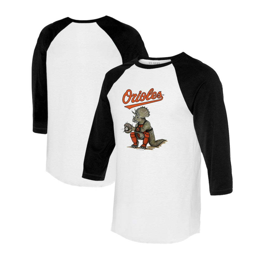 Baltimore Orioles Tiny Turnip Unisex Triceratops 3/4-Sleeve Raglan T-Shirt - White/Black T-shirts