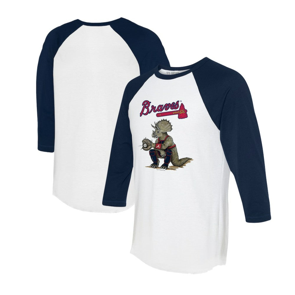 Atlanta Braves Tiny Turnip Unisex Triceratops 3/4-Sleeve Raglan T-Shirt - White/Navy T-shirts
