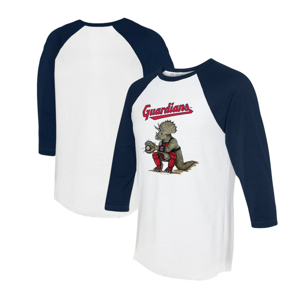 Cleveland Guardians Tiny Turnip Unisex Triceratops 3/4-Sleeve Raglan T-Shirt - White/Navy T-shirts