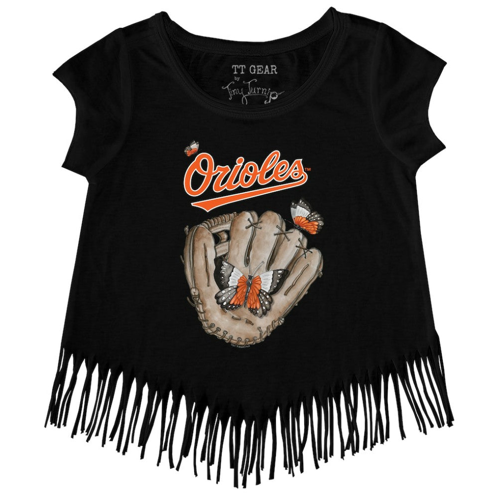 Baltimore Orioles Tiny Turnip Girls Youth Butterfly Glove Fringe T-Shirt - Black T-shirts
