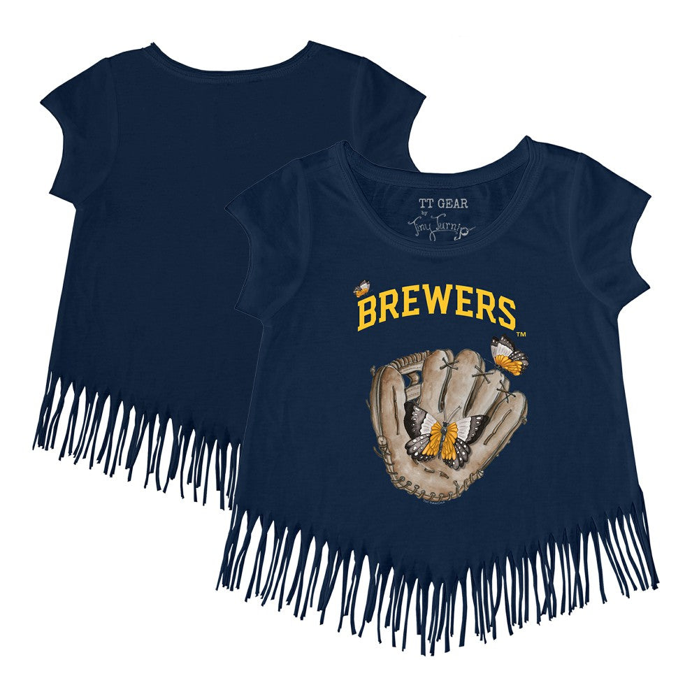 Milwaukee Brewers Tiny Turnip Girls Youth Butterfly Glove Fringe T-Shirt - Navy T-shirts
