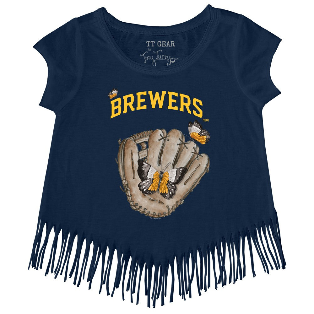 Milwaukee Brewers Tiny Turnip Girls Youth Butterfly Glove Fringe T-Shirt - Navy T-shirts