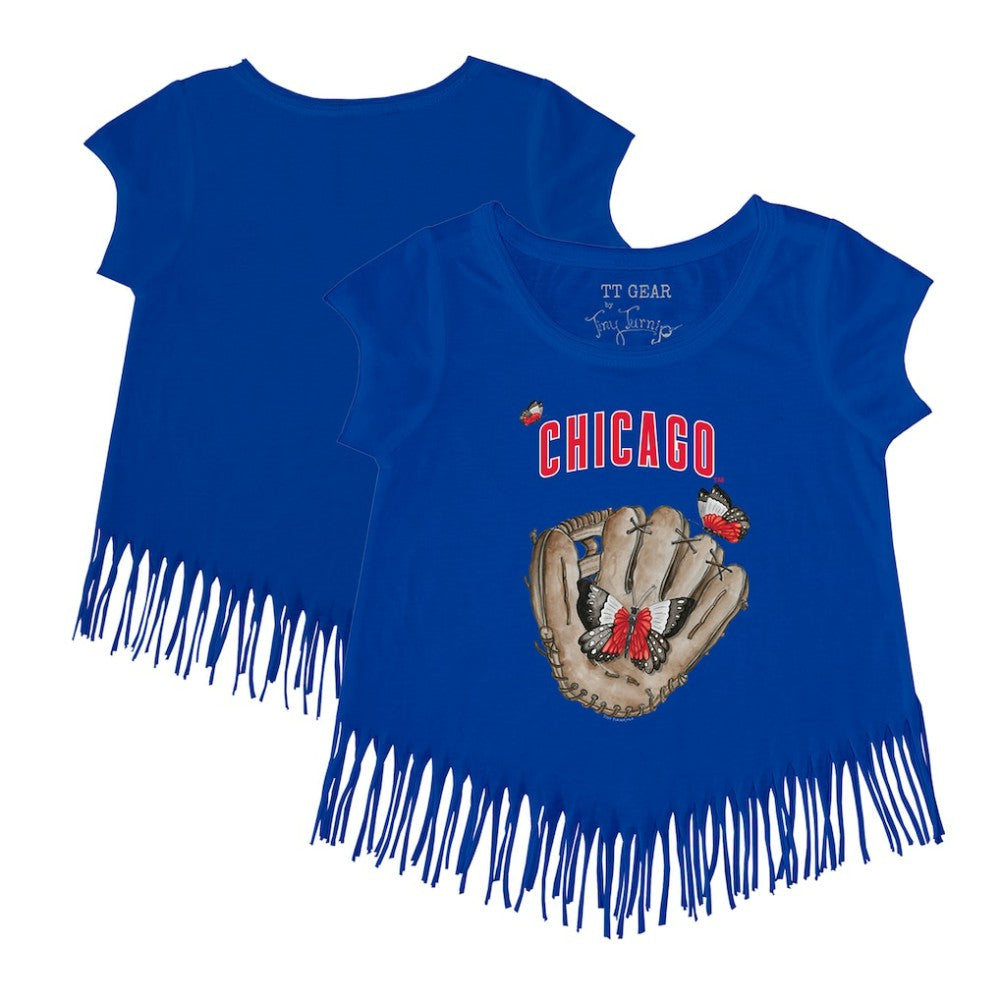 Chicago Cubs Tiny Turnip Girls Youth Butterfly Glove Fringe T-Shirt - Royal T-shirts