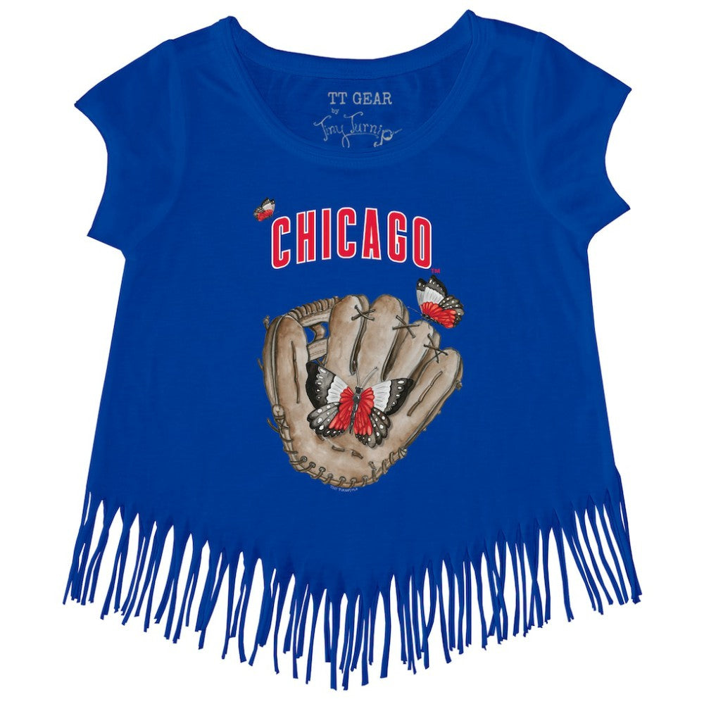 Chicago Cubs Tiny Turnip Girls Youth Butterfly Glove Fringe T-Shirt - Royal T-shirts
