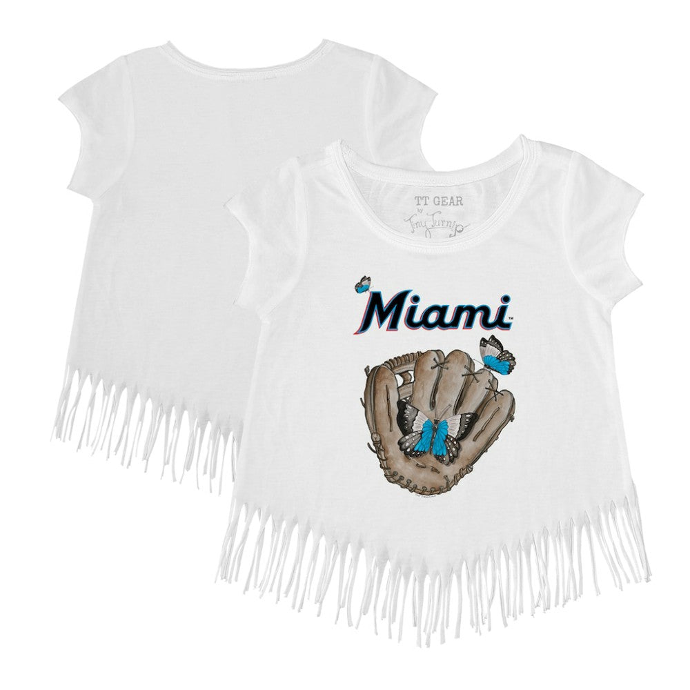 Miami Marlins Tiny Turnip Girls Youth Butterfly Glove Fringe T-Shirt - White T-shirts