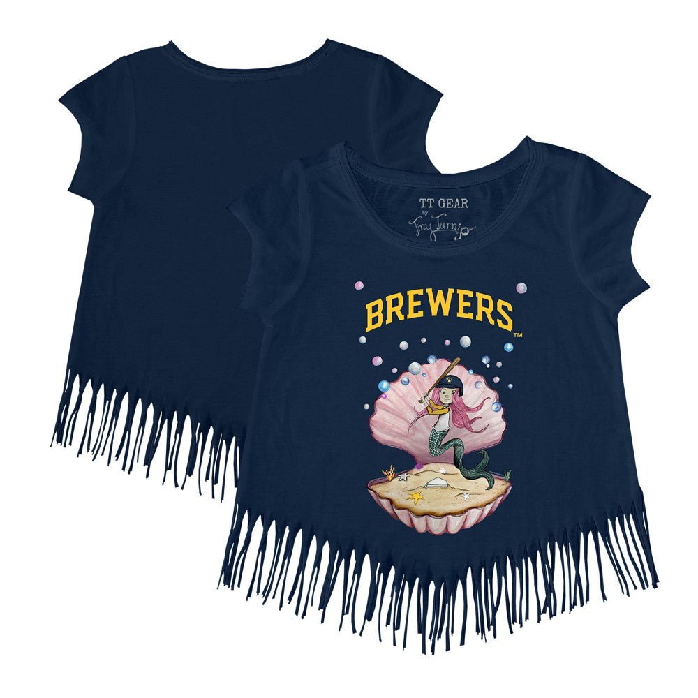 Milwaukee Brewers Tiny Turnip Girls Youth Mermaid Fringe T-Shirt - Navy T-shirts