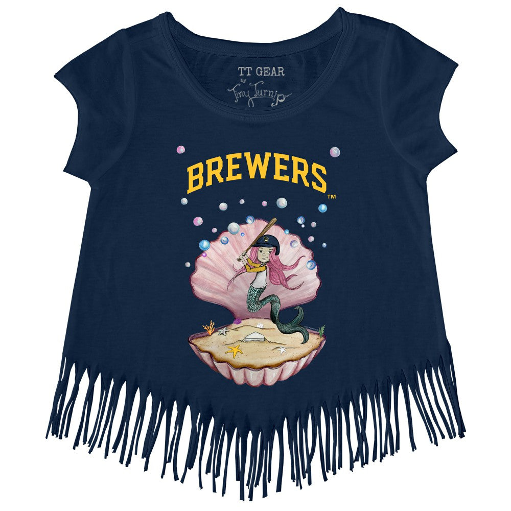Milwaukee Brewers Tiny Turnip Girls Youth Mermaid Fringe T-Shirt - Navy T-shirts