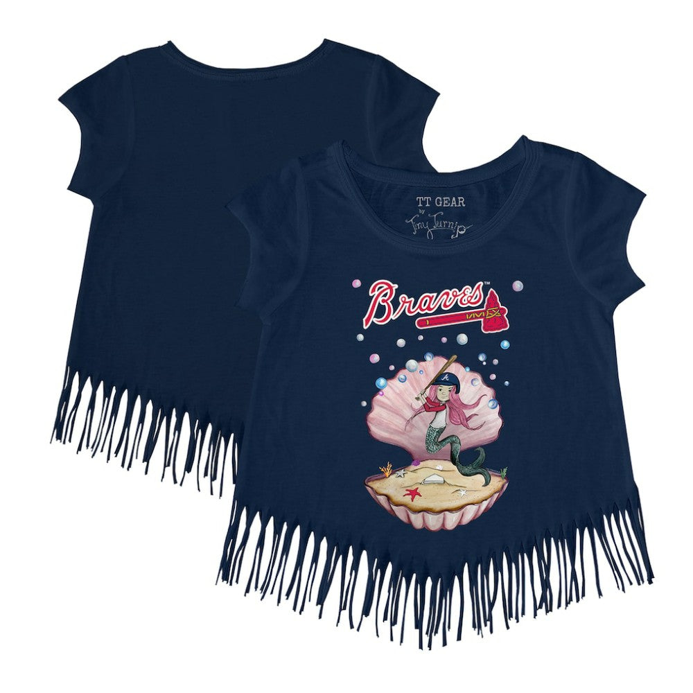 Atlanta Braves Tiny Turnip Girls Youth Mermaid Fringe T-Shirt - Navy T-shirts