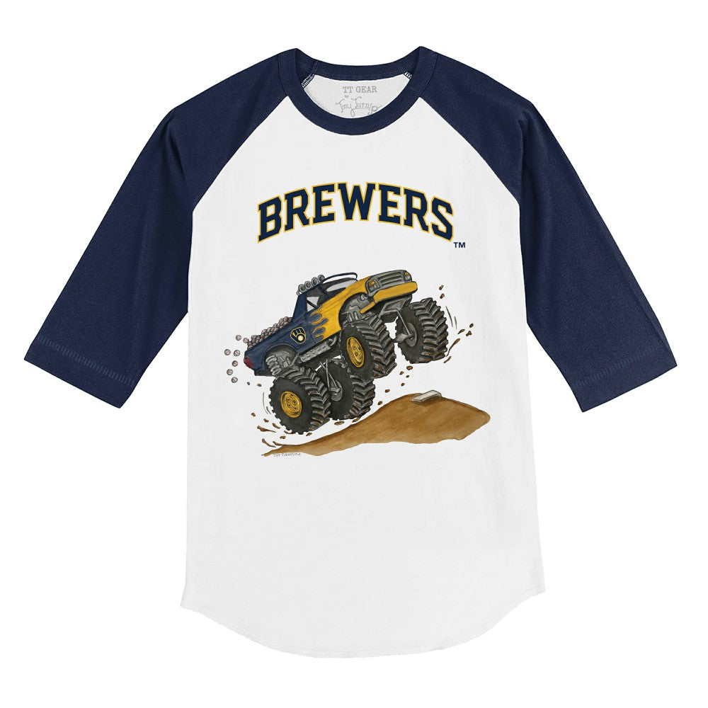 Milwaukee Brewers Tiny Turnip Youth Monster Truck 3/4-Sleeve Raglan T-Shirt - White/Navy T-shirts