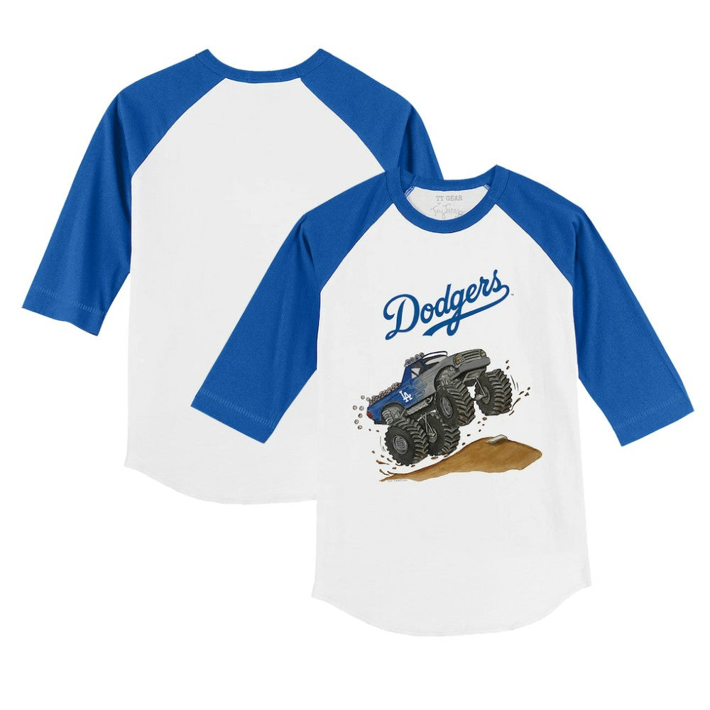 Los Angeles Dodgers Tiny Turnip Youth Monster Truck 3/4-Sleeve Raglan T-Shirt - White/Royal T-shirts