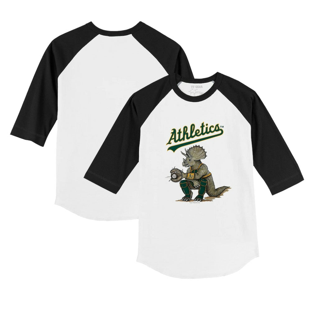 Athletics Tiny Turnip Youth Triceratops 3/4-Sleeve Raglan T-Shirt - White/Black T-shirts