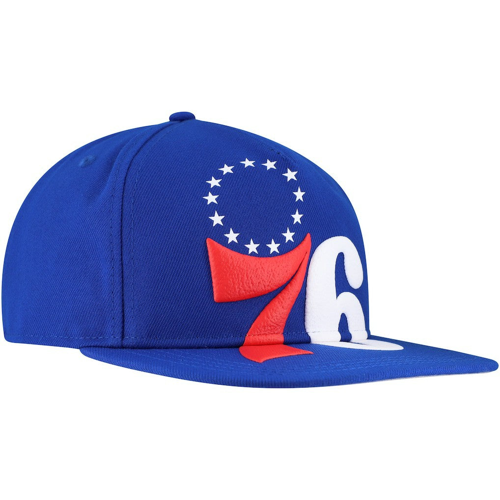 Philadelphia 76ers Oversized Puff Print Logo Golfer Snapback Hat Royal