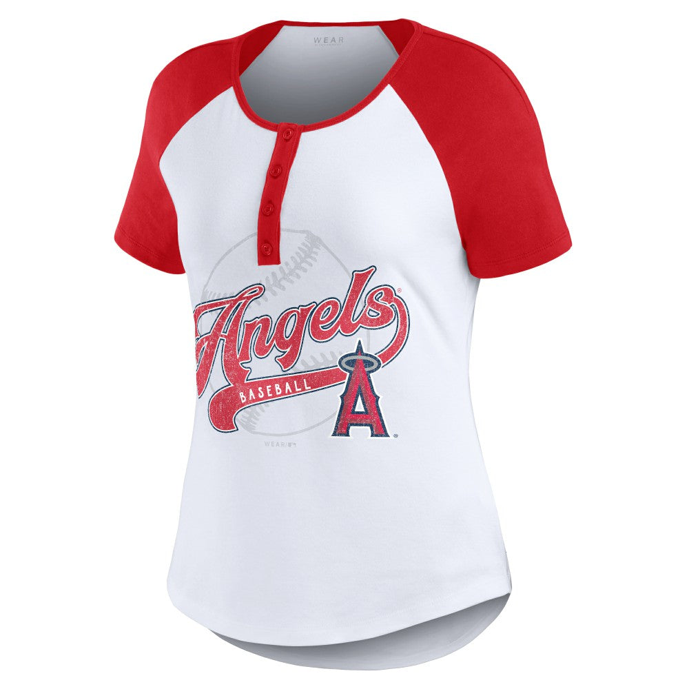 Los Angeles Angels WEAR by Erin Andrews Women's Fitted Henley Raglan T-Shirt - White/Red T-shirts