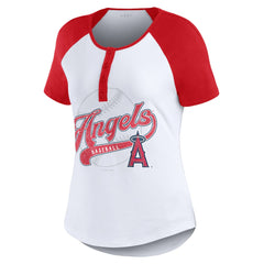 Los Angeles Angels WEAR by Erin Andrews Women's Fitted Henley Raglan T-Shirt - White/Red T-shirts