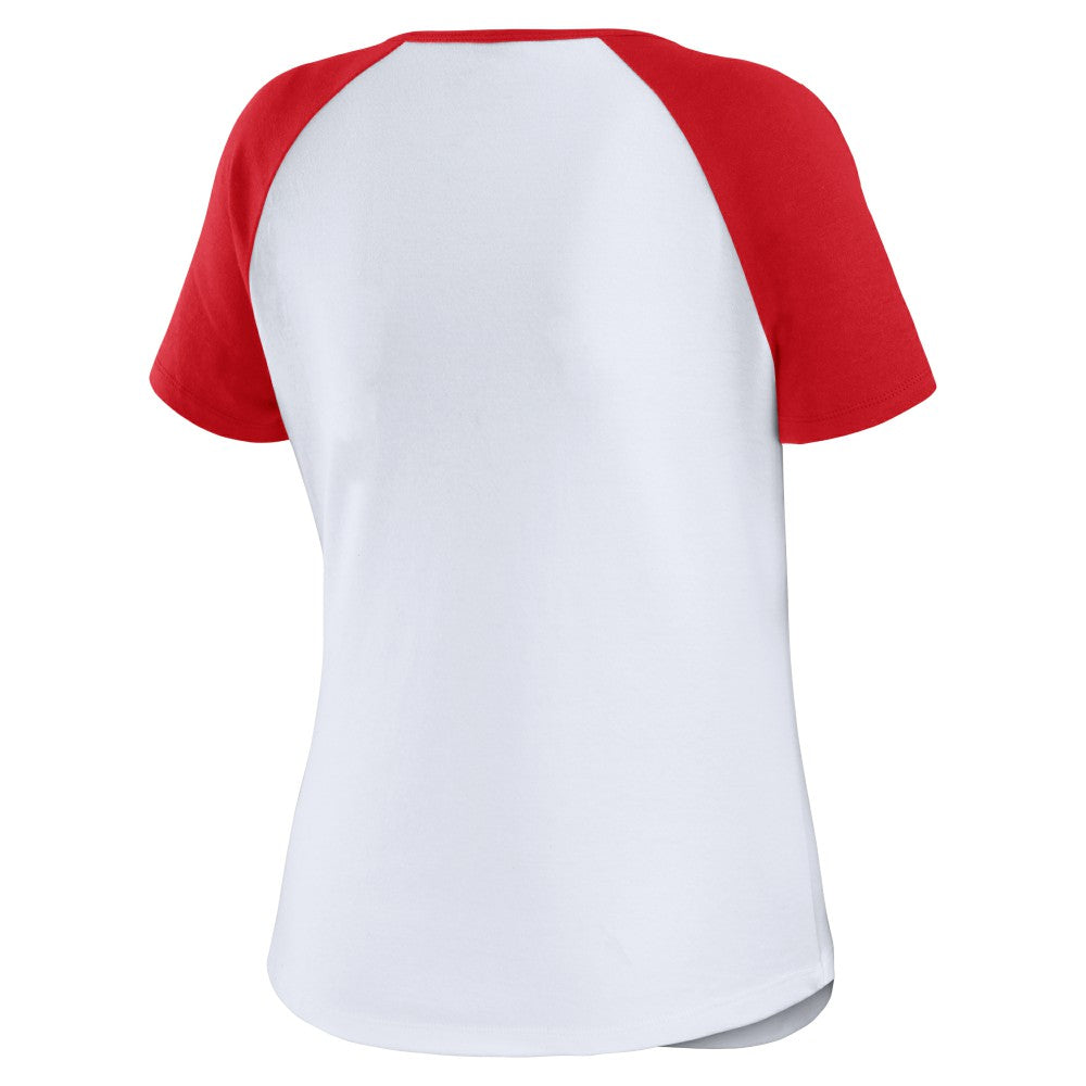 Los Angeles Angels WEAR by Erin Andrews Women's Fitted Henley Raglan T-Shirt - White/Red T-shirts
