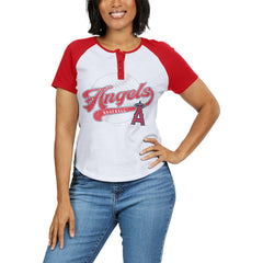 Los Angeles Angels WEAR by Erin Andrews Women's Fitted Henley Raglan T-Shirt - White/Red T-shirts