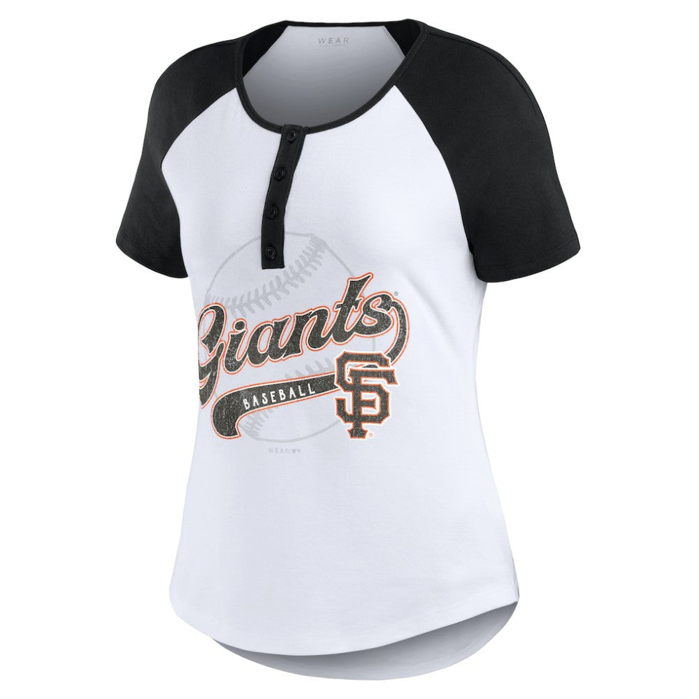 San Francisco Giants WEAR by Erin Andrews Women's Fitted Henley Raglan T-Shirt - White/Black T-shirts