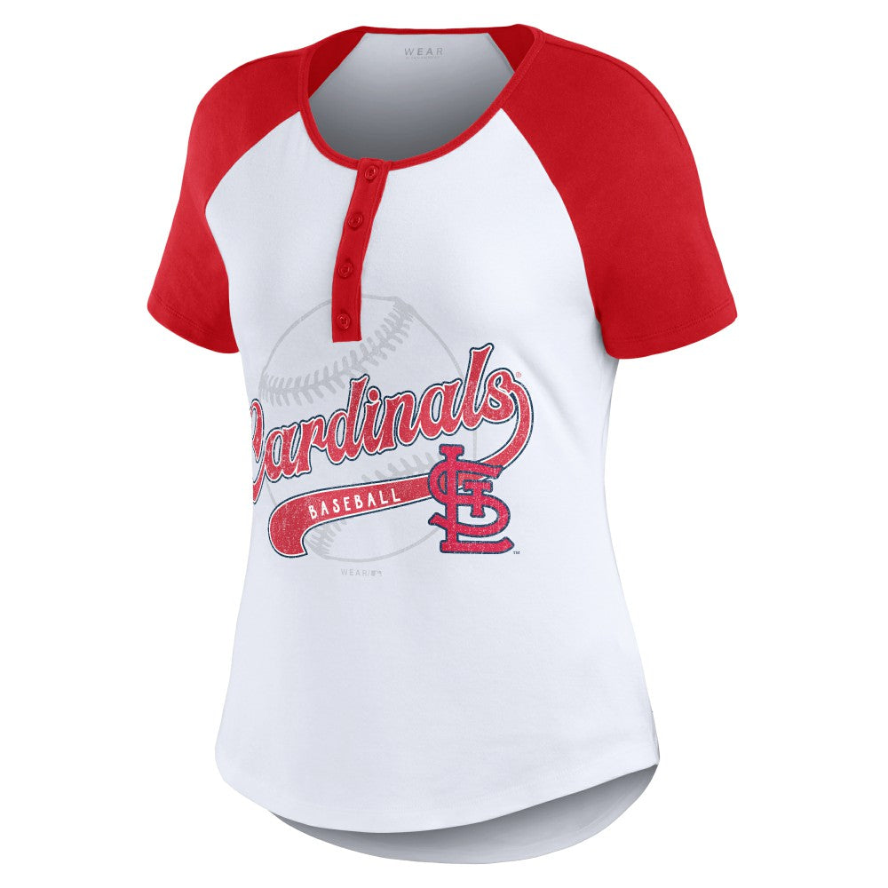 St. Louis Cardinals WEAR by Erin Andrews Women's Fitted Henley Raglan T-Shirt - White/Red T-shirts