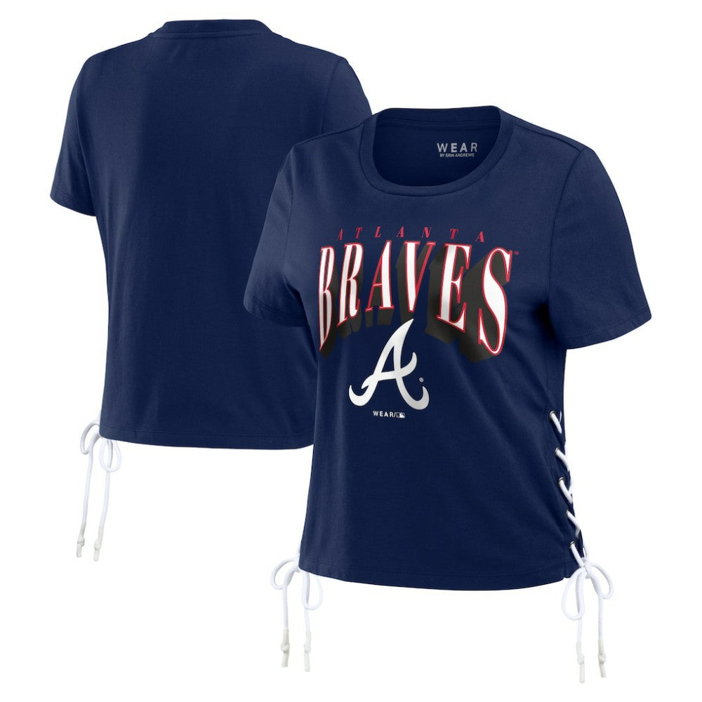 Atlanta Braves WEAR by Erin Andrews Women's Side Lace-Up Cropped T-Shirt - Navy T-shirts