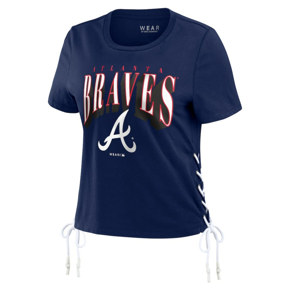 Atlanta Braves WEAR by Erin Andrews Women's Side Lace-Up Cropped T-Shirt - Navy T-shirts