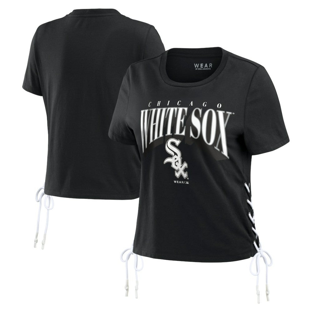 Chicago White Sox WEAR by Erin Andrews Women's Side Lace-Up Cropped T-Shirt - Black T-shirts
