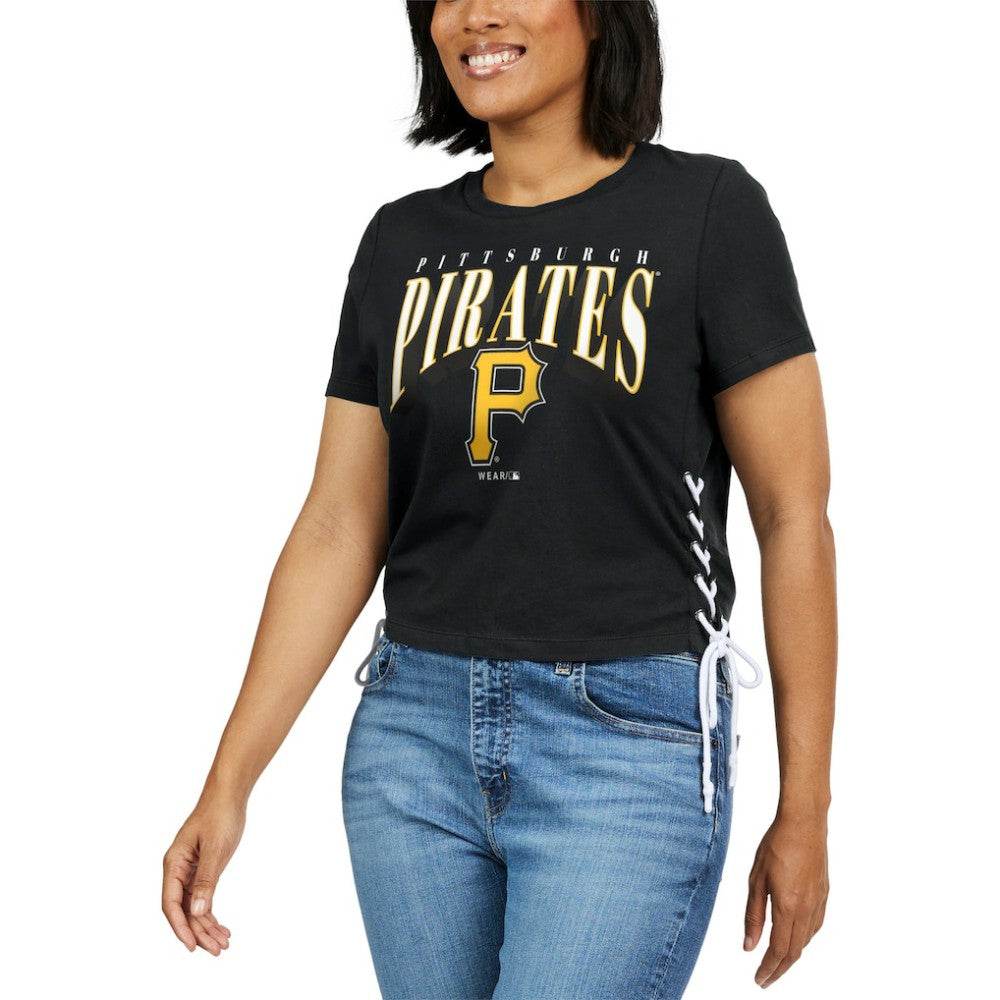 Pittsburgh Pirates WEAR by Erin Andrews Women's Side Lace-Up Cropped T-Shirt - Black T-shirts