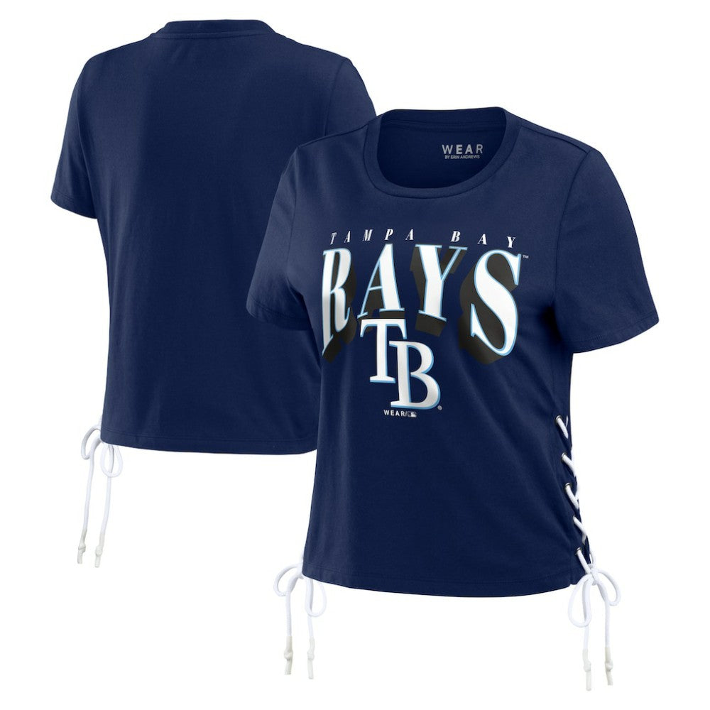 Tampa Bay Rays WEAR by Erin Andrews Women's Side Lace-Up Cropped T-Shirt - Navy T-shirts