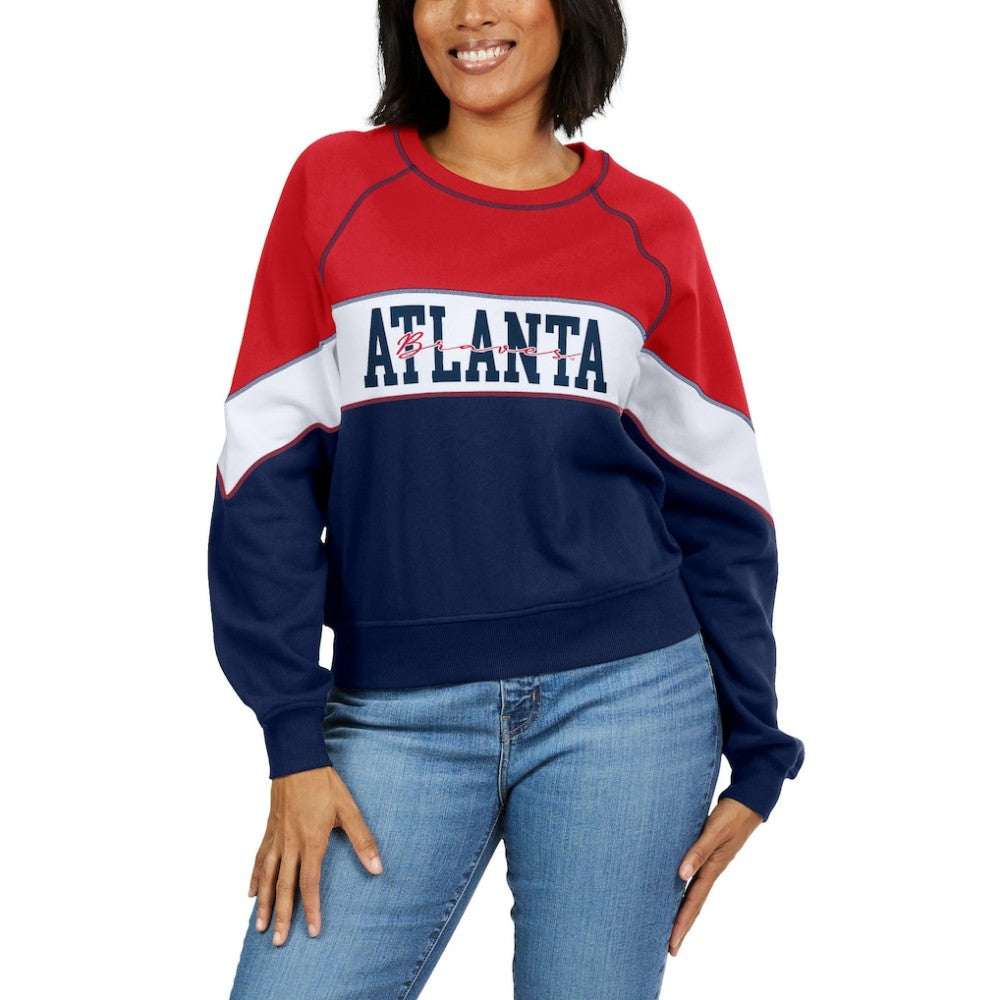 Atlanta Braves WEAR by Erin Andrews Women's Color Block Crew Neck Pullover Sweatshirt - Red/Navy Pullover