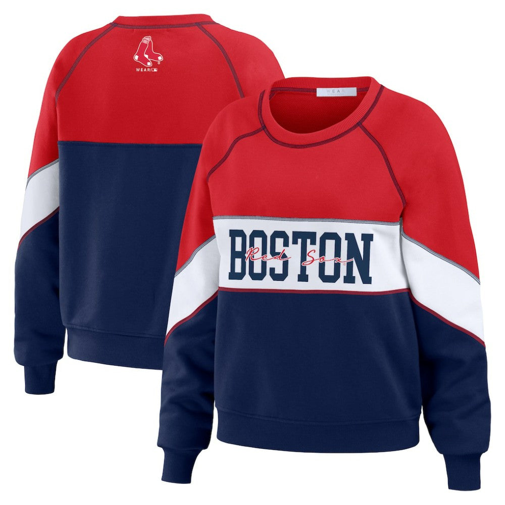 Boston Red Sox WEAR by Erin Andrews Women's Color Block Crew Neck Pullover Sweatshirt - Red/Navy Pullover