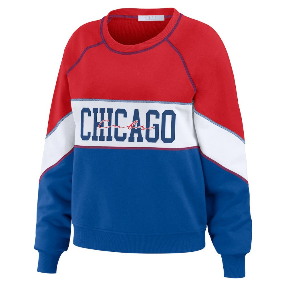 Chicago Cubs WEAR by Erin Andrews Women's Color Block Crew Neck Pullover Sweatshirt - Red/Royal Pullover