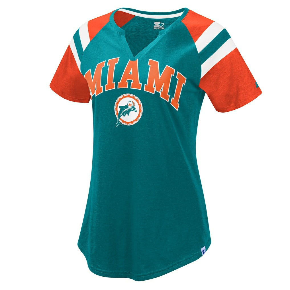 Miami Dolphins Starter Women's Game On Notch Neck Raglan T-Shirt Aqua/Orange